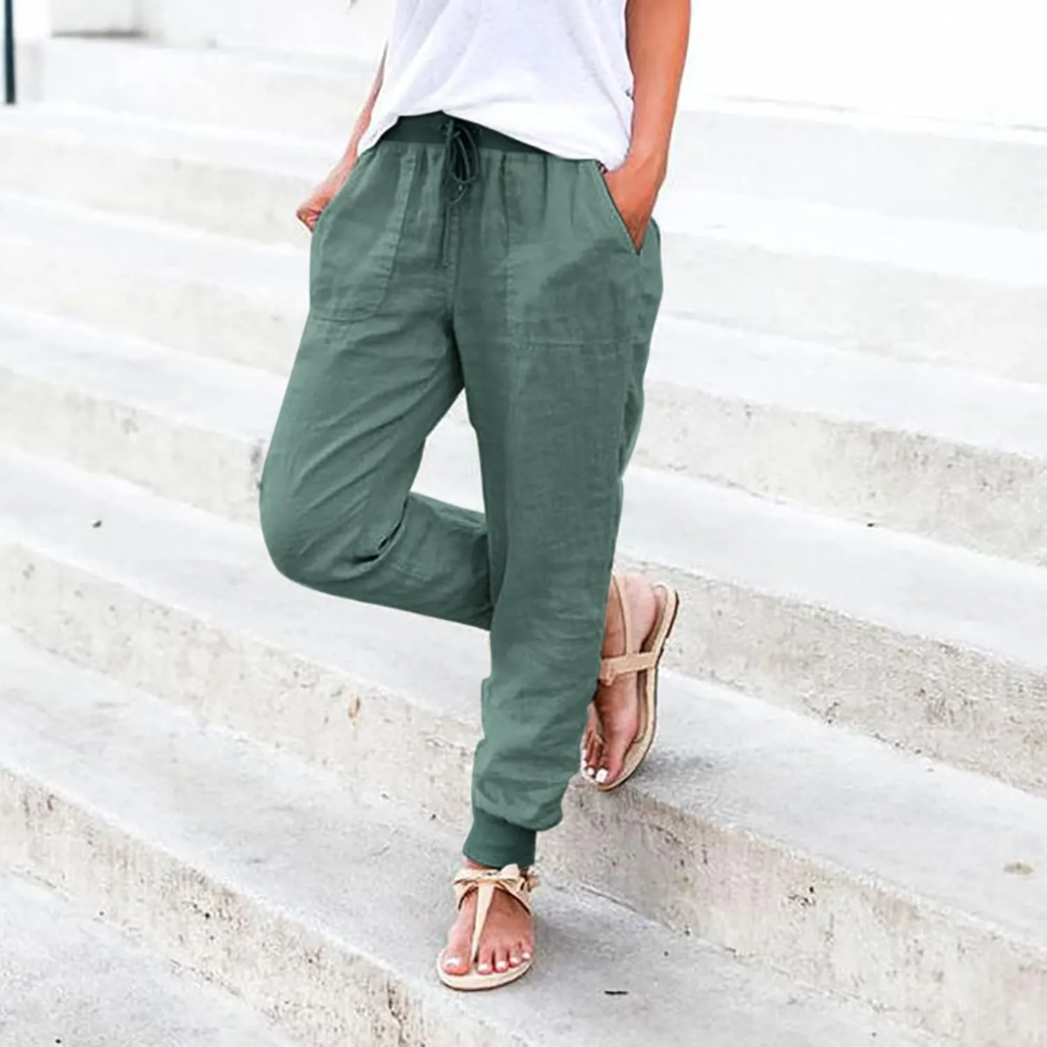 Cotton Linen Pants for Women Summer Causal Baggy Wide Leg Pants Loose Solid Drawstring Elastic High Waist Beach Trouser