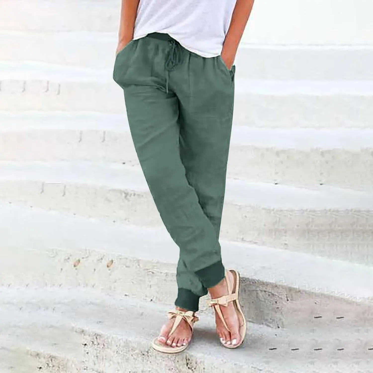 Cotton Linen Pants for Women Summer Causal Baggy Wide Leg Pants Loose Solid Drawstring Elastic High Waist Beach Trouser