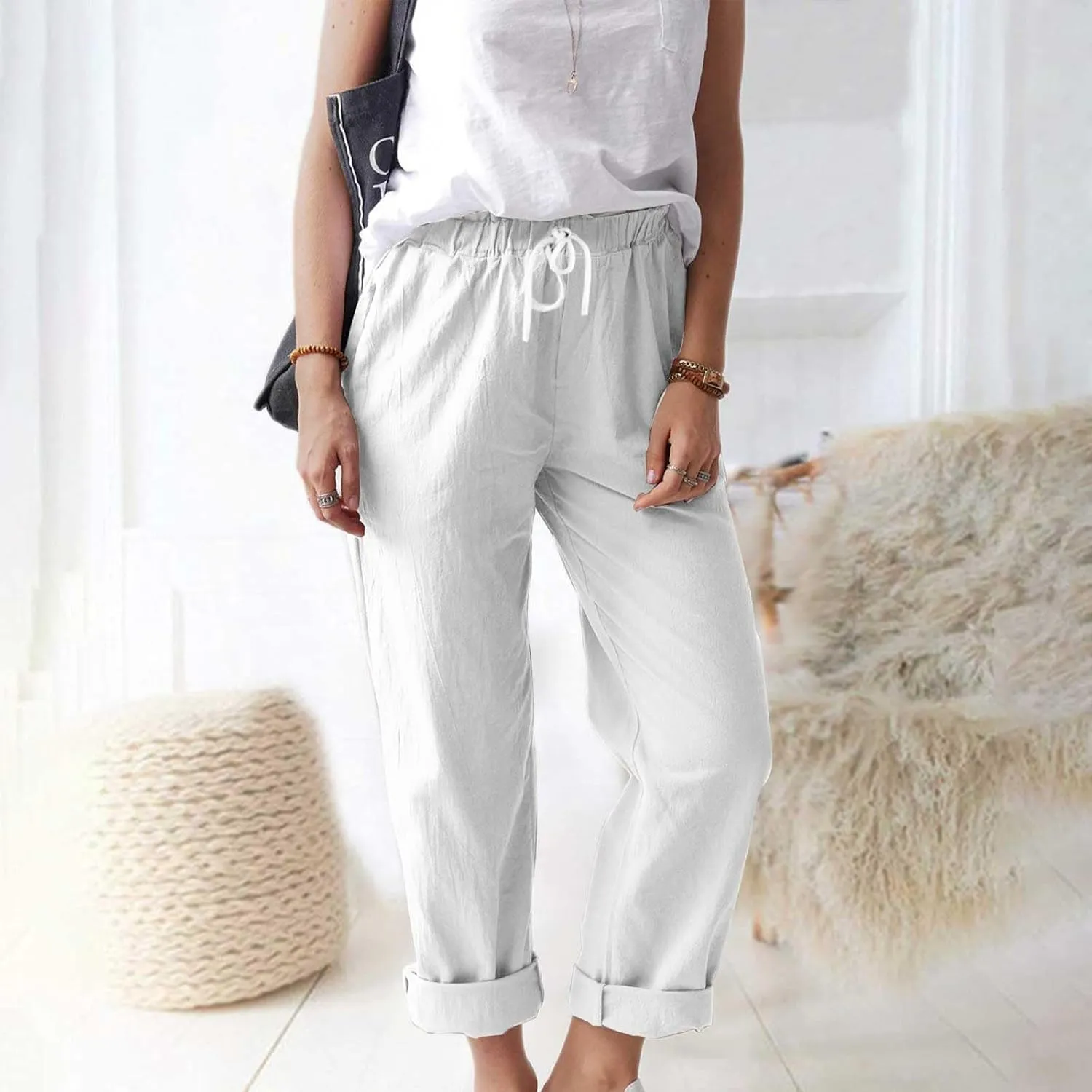 Cotton Linen Pants for Women Summer Straight Leg Loose Lounge Trousers Drawstring Elastic Waist Solid Plus Size Pants
