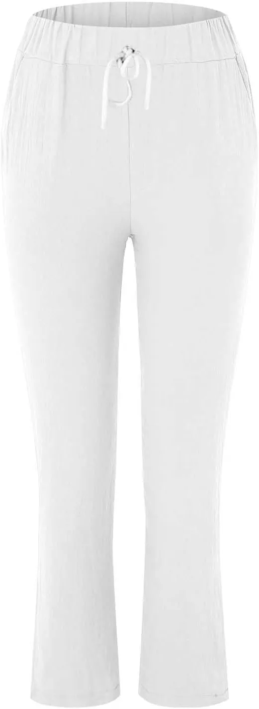 Cotton Linen Pants for Women Summer Straight Leg Loose Lounge Trousers Drawstring Elastic Waist Solid Plus Size Pants