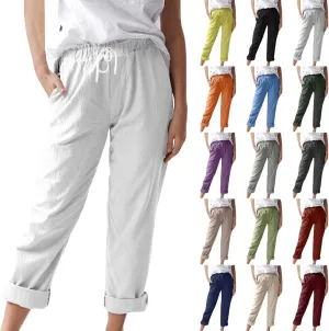 Cotton Linen Pants for Women Summer Straight Leg Loose Lounge Trousers Drawstring Elastic Waist Solid Plus Size Pants