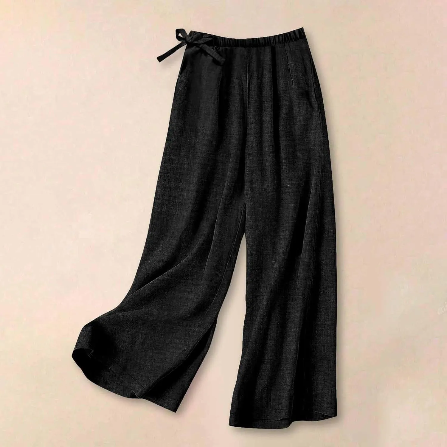 Cotton Linen Pants for Women's Summer High Elastic Waist Side Tie Wide Leg Trousers Casual Comfy Slacks with Pockets