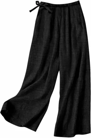 Cotton Linen Pants for Women's Summer High Elastic Waist Side Tie Wide Leg Trousers Casual Comfy Slacks with Pockets