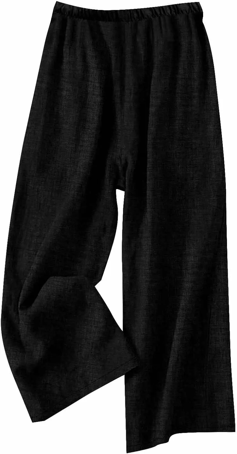 Cotton Linen Pants for Women's Summer High Elastic Waist Side Tie Wide Leg Trousers Casual Comfy Slacks with Pockets