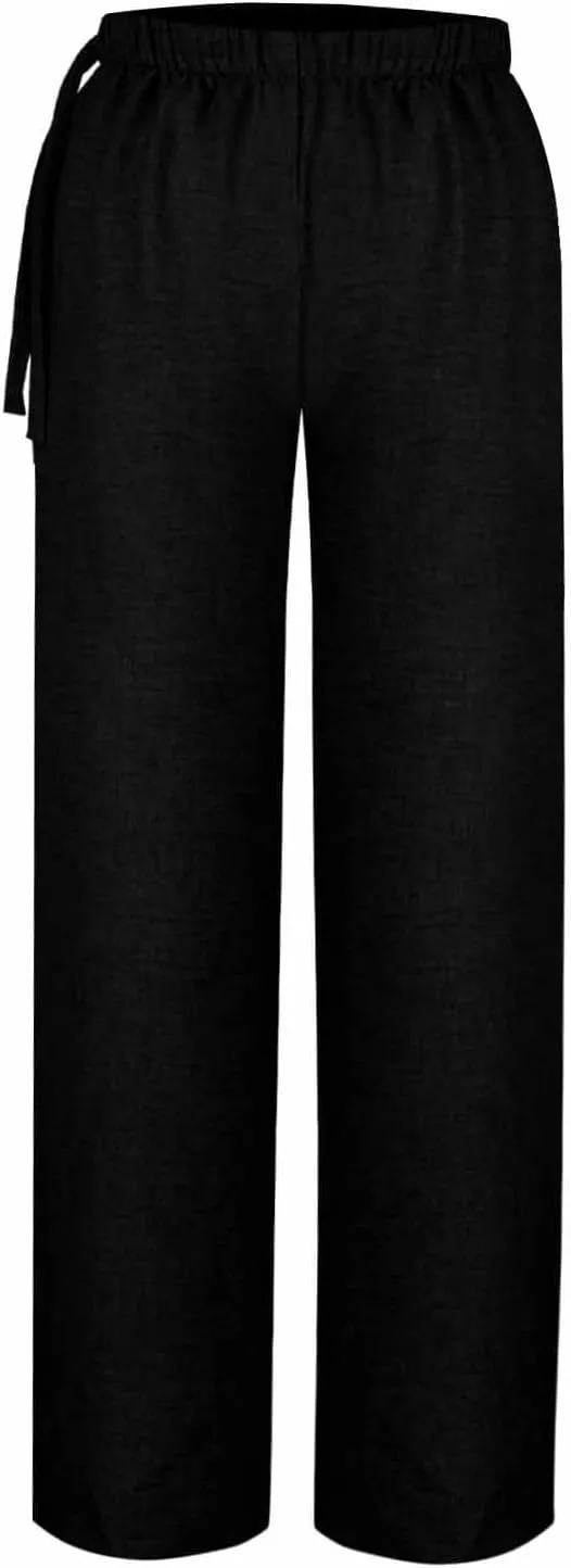Cotton Linen Pants for Women's Summer High Elastic Waist Side Tie Wide Leg Trousers Casual Comfy Slacks with Pockets