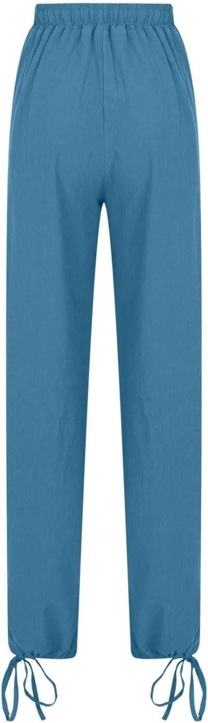 Cotton Linen Wide Leg Pants Women 2025 Drawstring Loose Beach Pant Summer Vacation Boho Slacks Trousers with Pockets