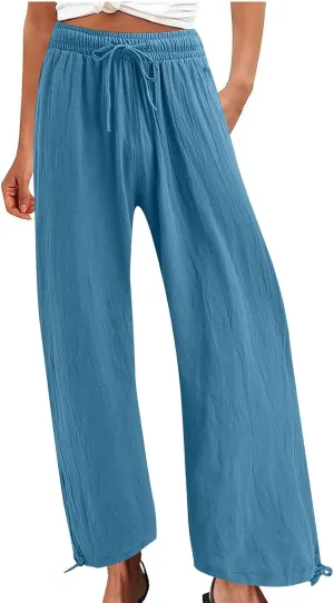 Cotton Linen Wide Leg Pants Women 2025 Drawstring Loose Beach Pant Summer Vacation Boho Slacks Trousers with Pockets