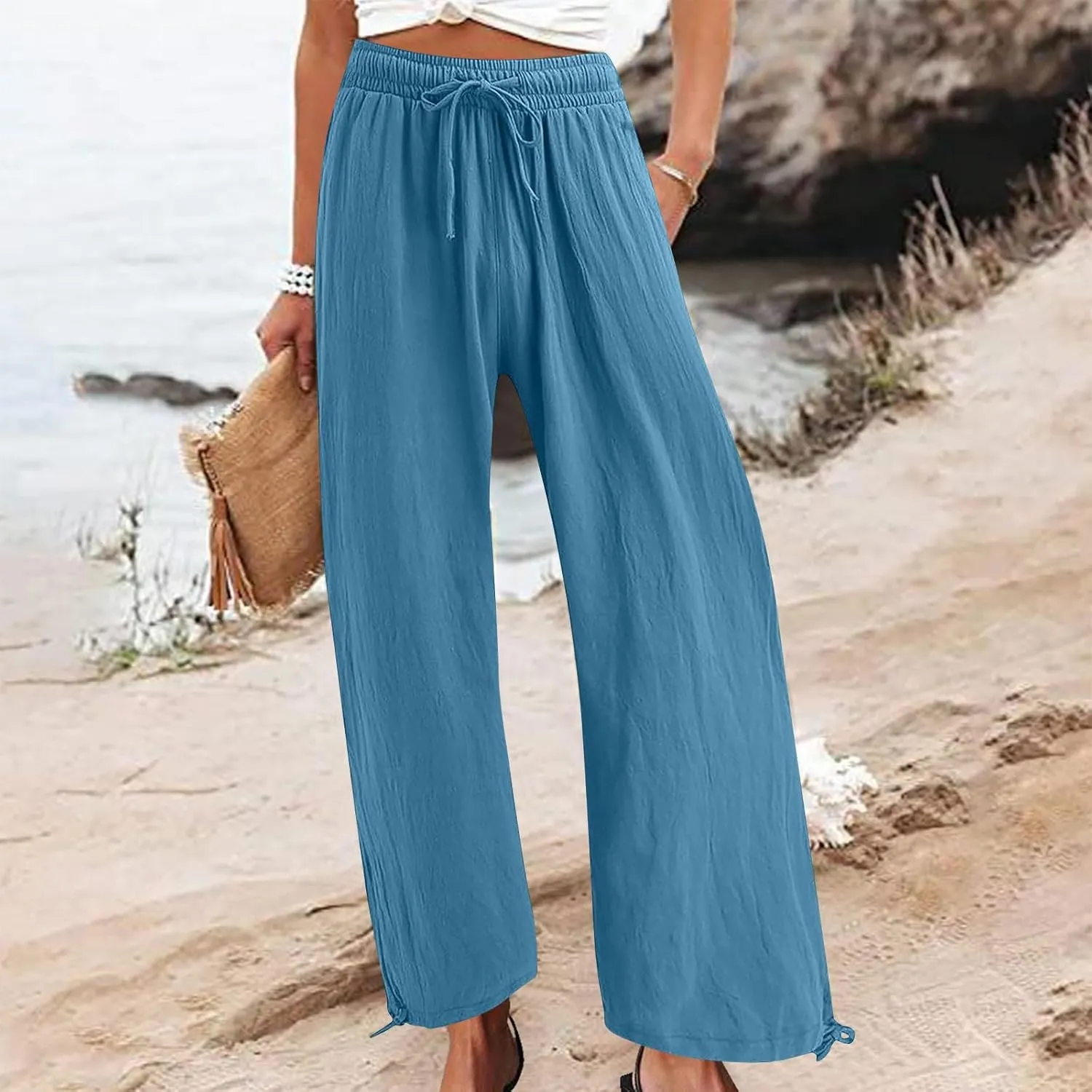 Cotton Linen Wide Leg Pants Women 2025 Drawstring Loose Beach Pant Summer Vacation Boho Slacks Trousers with Pockets