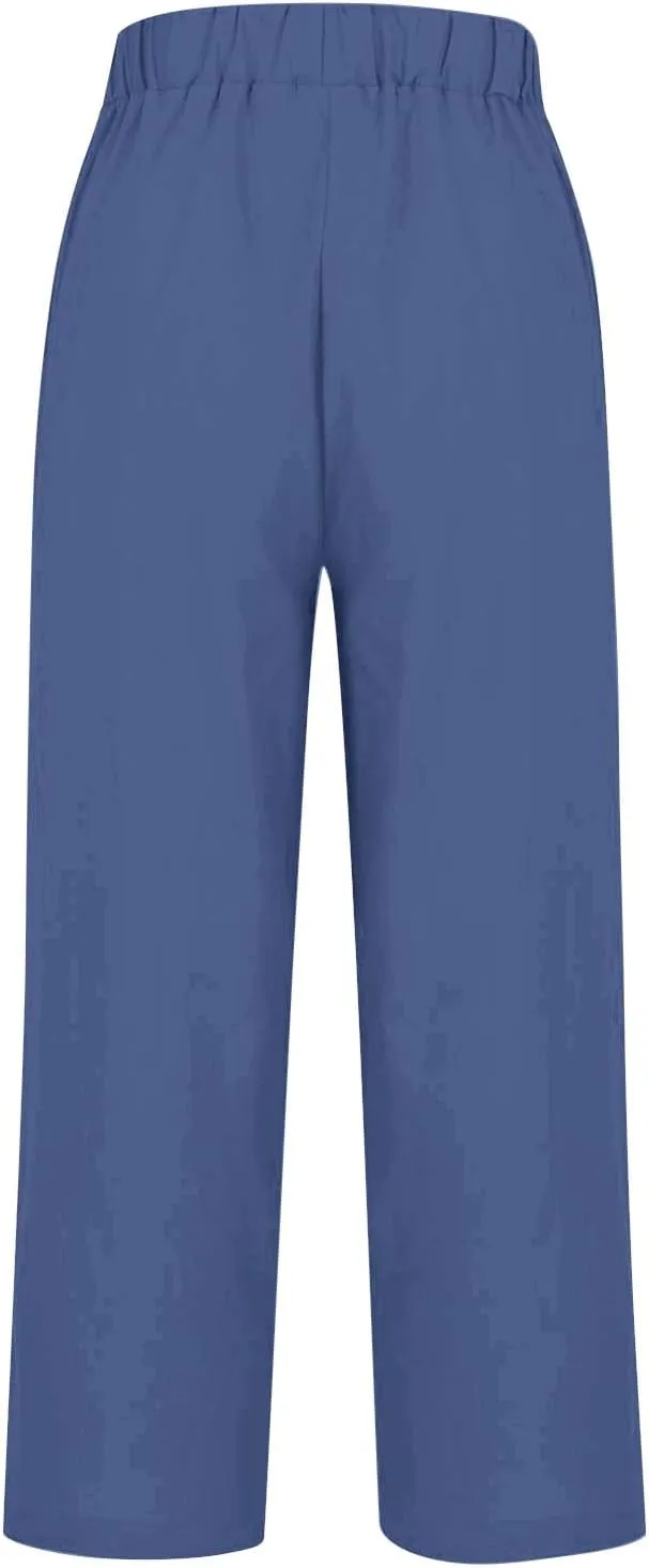 Cropped Linen Pants Women 2025 Summer Elastic Waist Straight Leg Plus Size Crop Pants Beach Trousers with Pockets