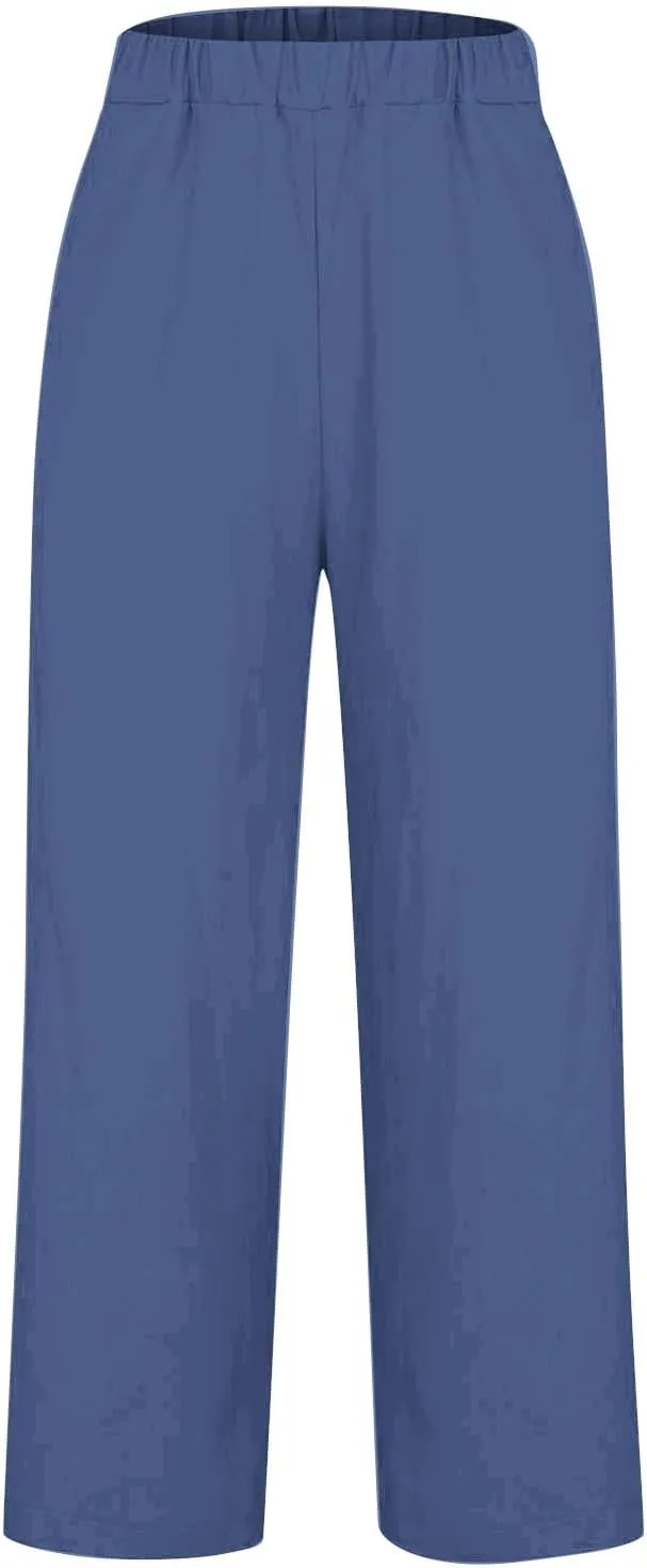 Cropped Linen Pants Women 2025 Summer Elastic Waist Straight Leg Plus Size Crop Pants Beach Trousers with Pockets