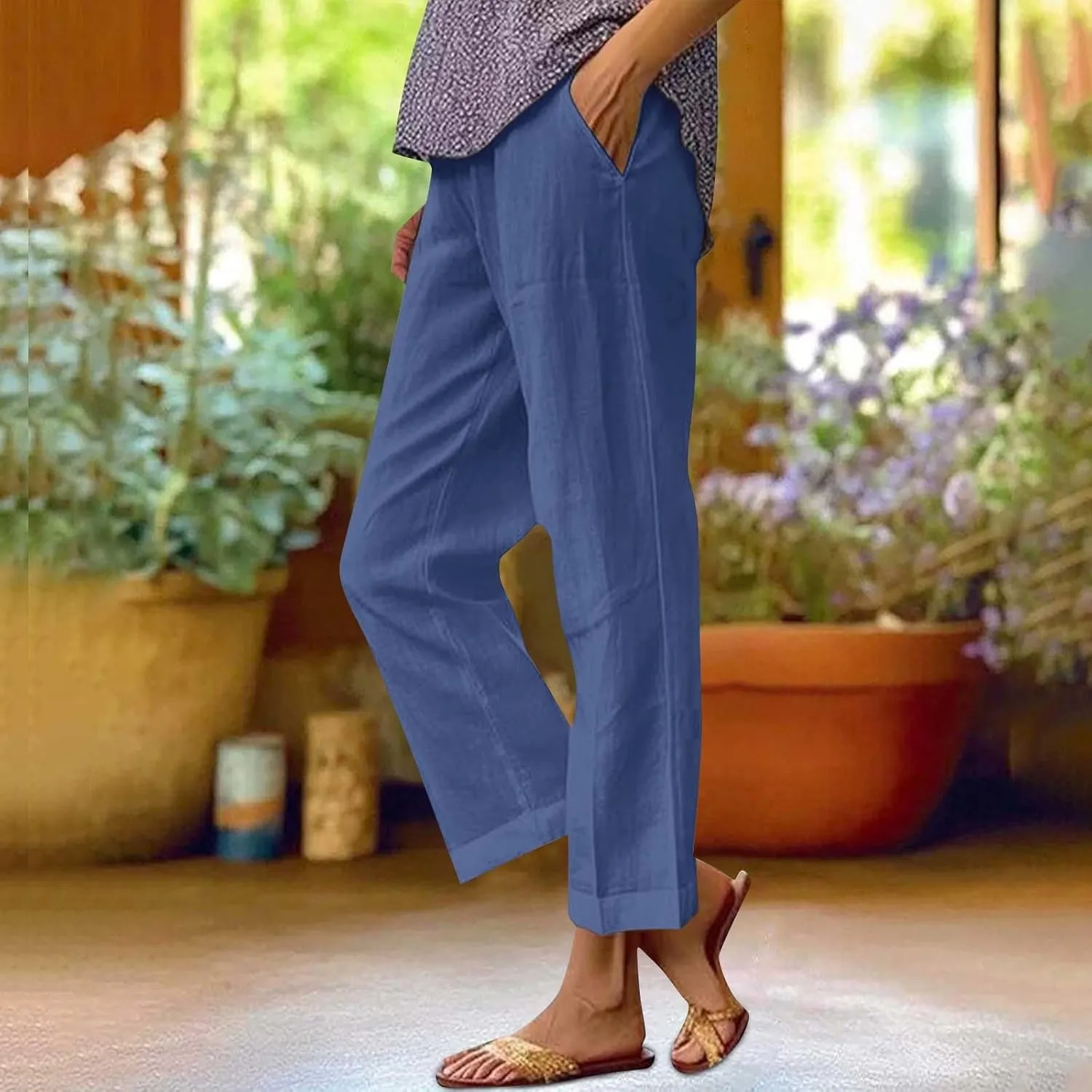 Cropped Linen Pants Women 2025 Summer Elastic Waist Straight Leg Plus Size Crop Pants Beach Trousers with Pockets