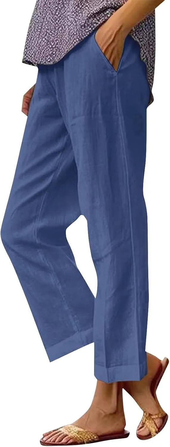 Cropped Linen Pants Women 2025 Summer Elastic Waist Straight Leg Plus Size Crop Pants Beach Trousers with Pockets