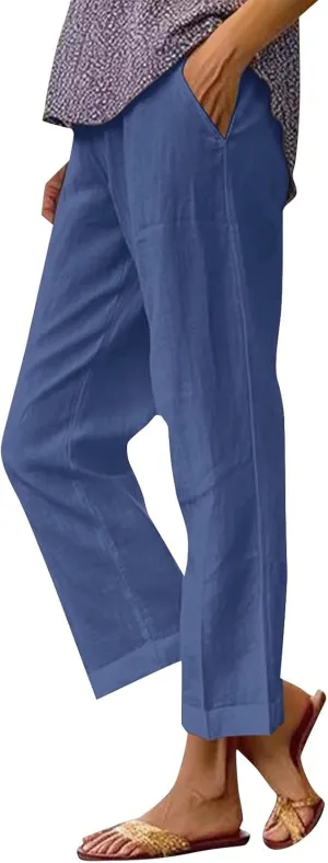 Cropped Linen Pants Women 2025 Summer Elastic Waist Straight Leg Plus Size Crop Pants Beach Trousers with Pockets