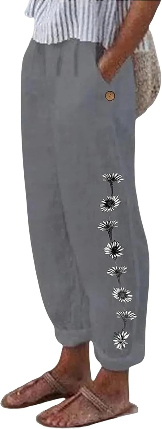 Cropped Linen Pants Women High Waisted Straight Leg Capri Summer Boho Floral Cotton Casual Pants Baggy Beach Trousers