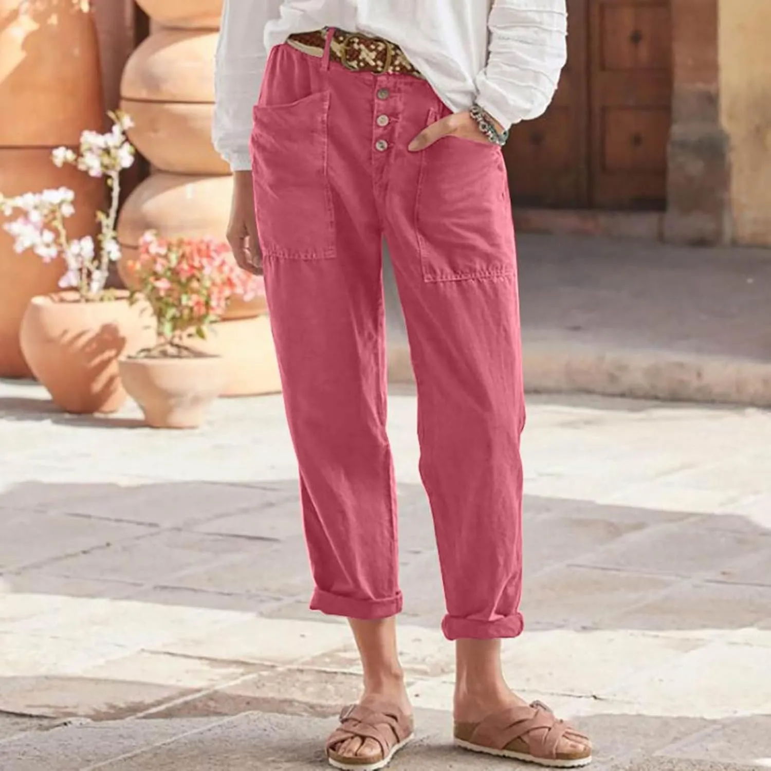 Cropped Linen Pants Women Summer Elastic Waist Plus Size Capri Pants Casual Baggy Straight Leg Pants with Pockets