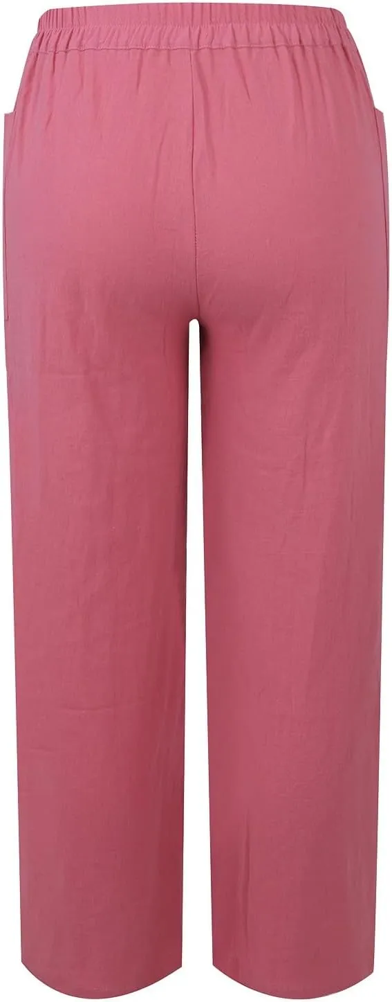 Cropped Linen Pants Women Summer Elastic Waist Plus Size Capri Pants Casual Baggy Straight Leg Pants with Pockets