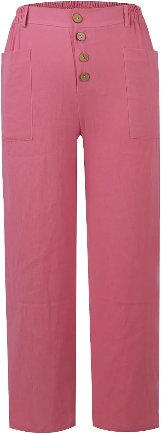 Cropped Linen Pants Women Summer Elastic Waist Plus Size Capri Pants Casual Baggy Straight Leg Pants with Pockets