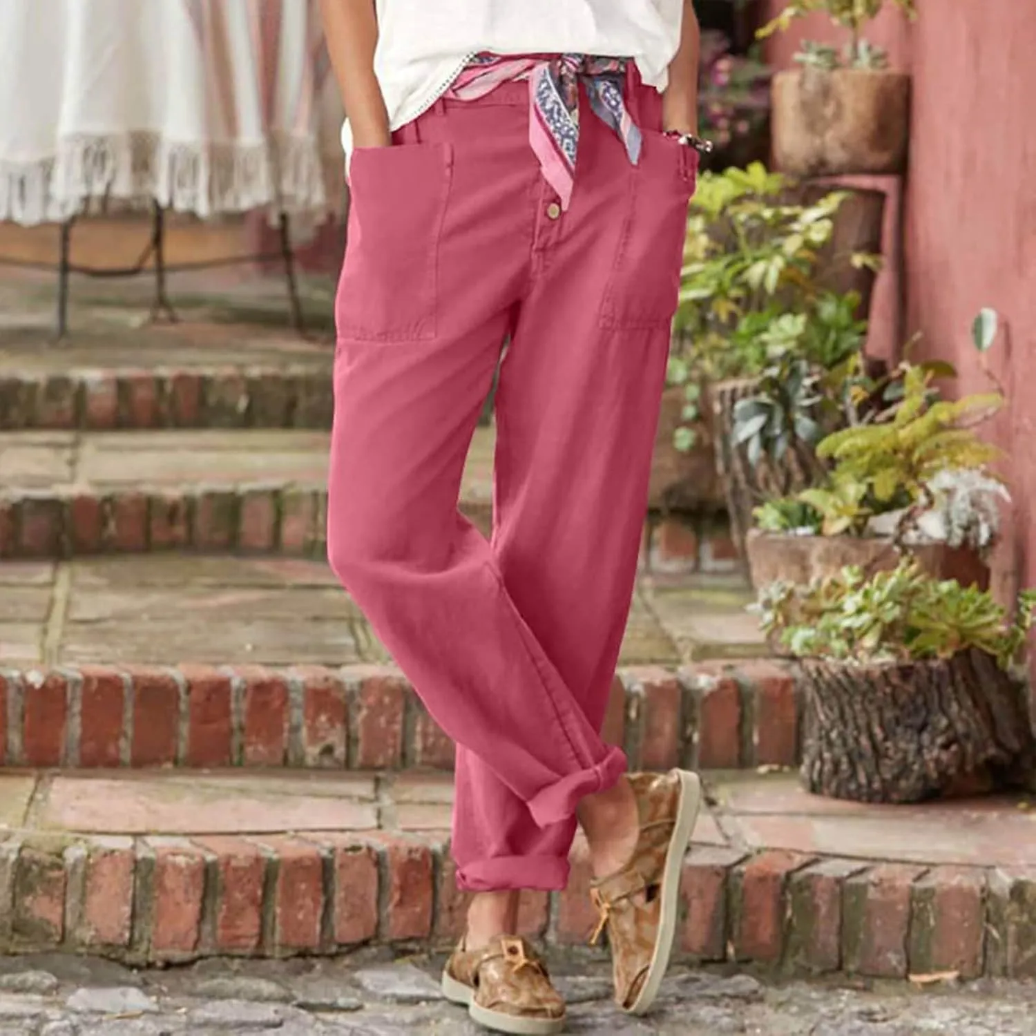 Cropped Linen Pants Women Summer Elastic Waist Plus Size Capri Pants Casual Baggy Straight Leg Pants with Pockets