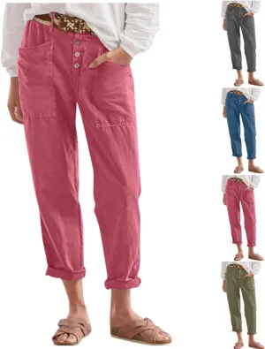 Cropped Linen Pants Women Summer Elastic Waist Plus Size Capri Pants Casual Baggy Straight Leg Pants with Pockets