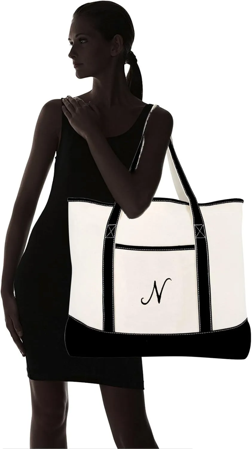 DALIX Monogram Bag Personalized Totes For Women Open Top Black Letter A-Z