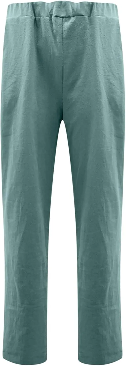 DASAYO Women's Elastic Waist Linen Pants Trendy Cotton Loose Fit Solid Casual Summer Lounge 2 Pockets Crop Straight Trousers