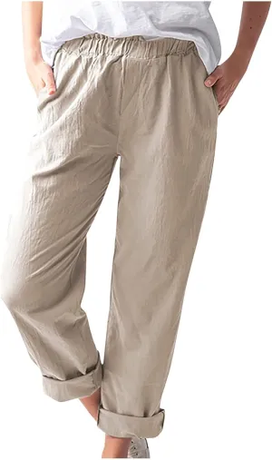DASAYO Women's Elastic Waist Linen Pants Trendy Cotton Loose Fit Solid Casual Summer Lounge 2 Pockets Crop Straight Trousers