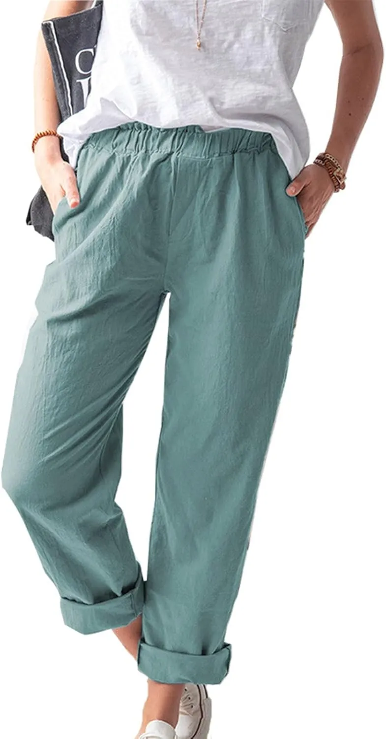 DASAYO Women's Elastic Waist Linen Pants Trendy Cotton Loose Fit Solid Casual Summer Lounge 2 Pockets Crop Straight Trousers