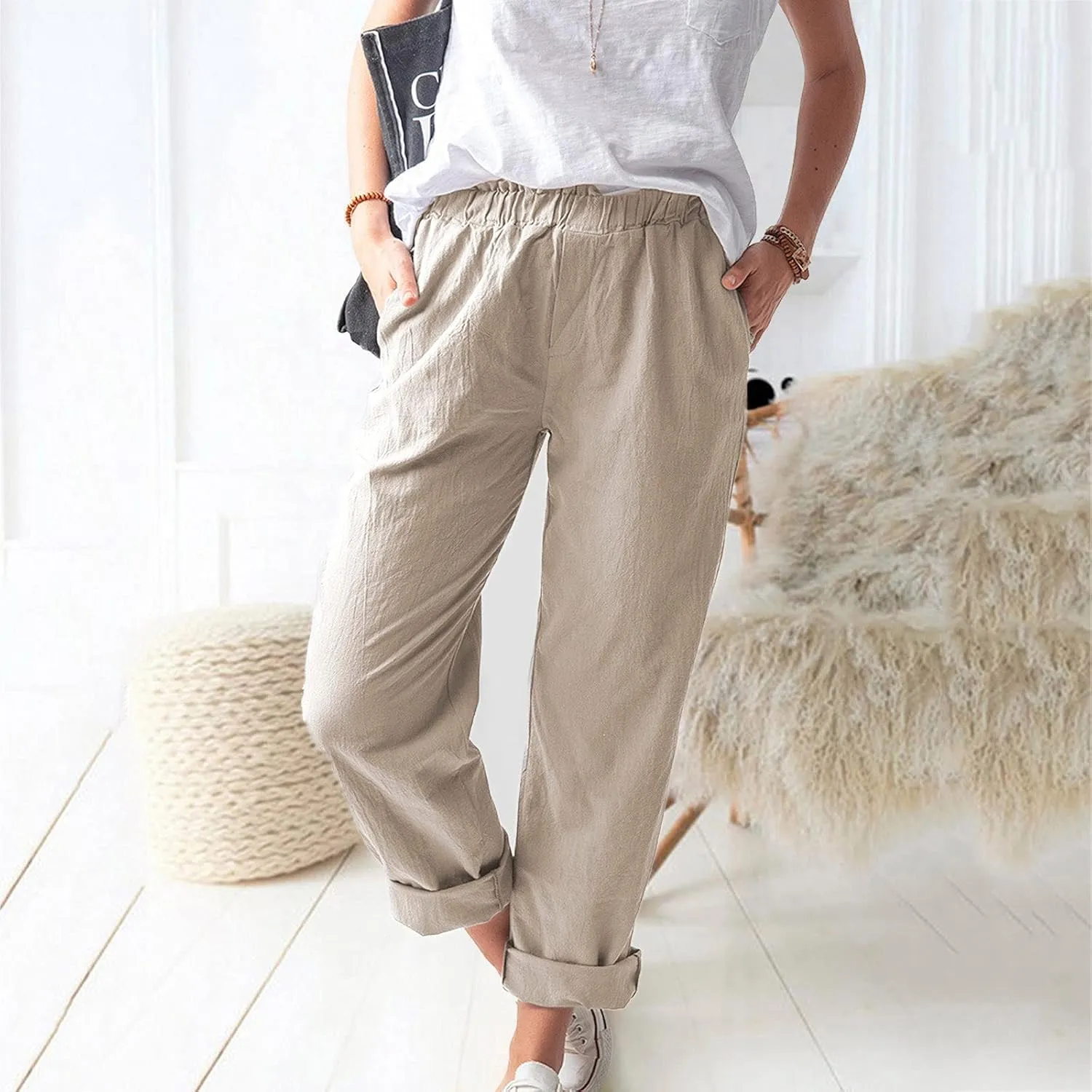 DASAYO Women's Elastic Waist Linen Pants Trendy Cotton Loose Fit Solid Casual Summer Lounge 2 Pockets Crop Straight Trousers