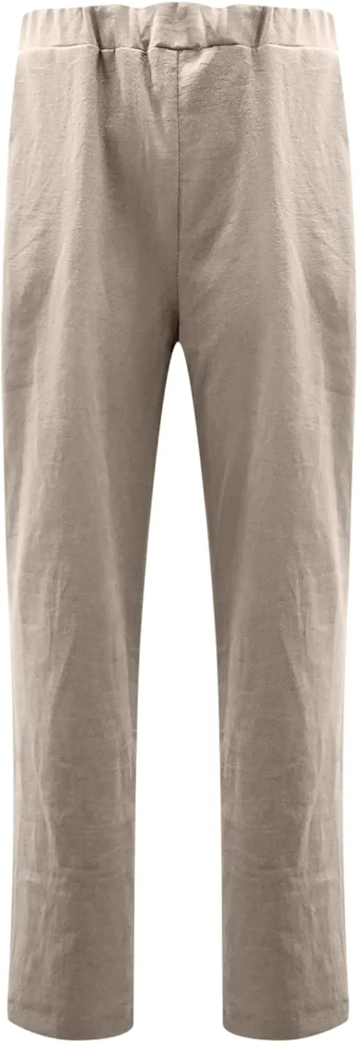 DASAYO Women's Elastic Waist Linen Pants Trendy Cotton Loose Fit Solid Casual Summer Lounge 2 Pockets Crop Straight Trousers