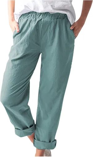 DASAYO Women's Elastic Waist Linen Pants Trendy Cotton Loose Fit Solid Casual Summer Lounge 2 Pockets Crop Straight Trousers