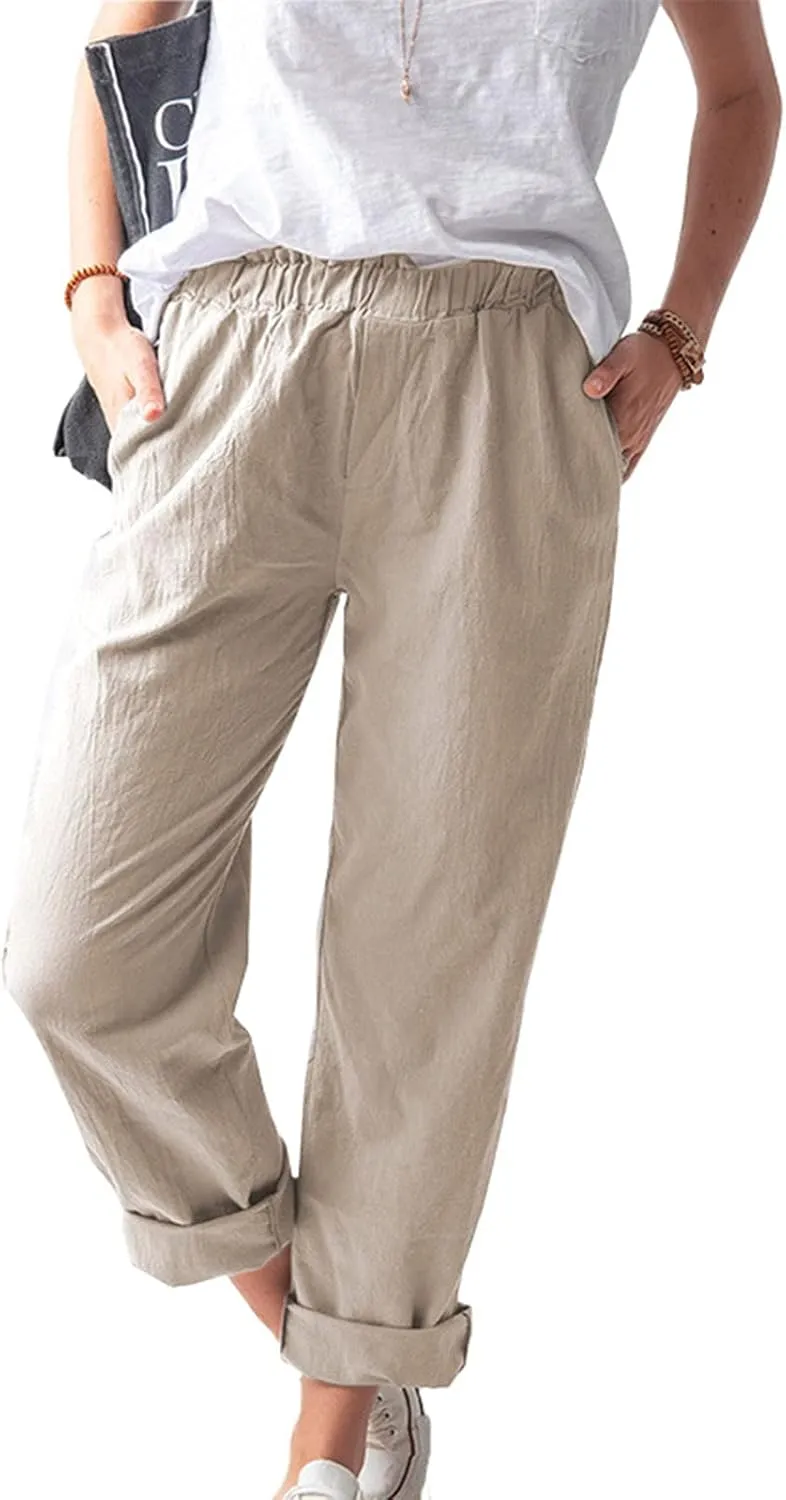 DASAYO Women's Elastic Waist Linen Pants Trendy Cotton Loose Fit Solid Casual Summer Lounge 2 Pockets Crop Straight Trousers