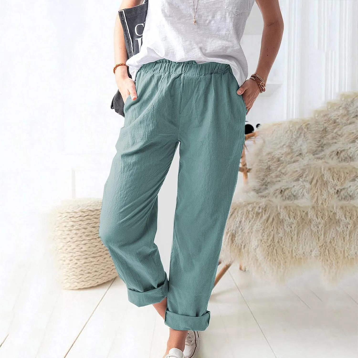 DASAYO Women's Elastic Waist Linen Pants Trendy Cotton Loose Fit Solid Casual Summer Lounge 2 Pockets Crop Straight Trousers