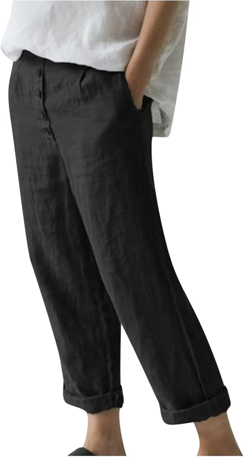 DASAYO Womens Lounge Cropped Pant Trousers Cotton Linen Button Crop Straight Pants Loose Trendy Spring Summer Trouser Bottoms