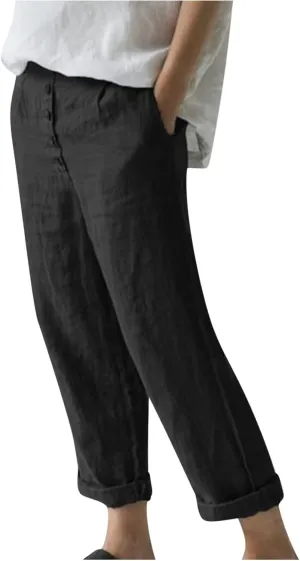 DASAYO Womens Lounge Cropped Pant Trousers Cotton Linen Button Crop Straight Pants Loose Trendy Spring Summer Trouser Bottoms