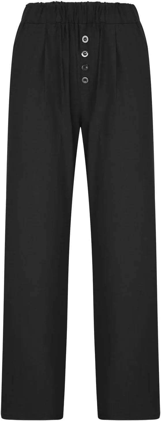 DASAYO Womens Lounge Cropped Pant Trousers Cotton Linen Button Crop Straight Pants Loose Trendy Spring Summer Trouser Bottoms