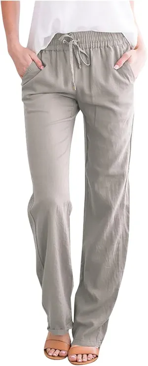 DASAYO Womens Summer Cotton Linen Lounge Pants Elastic Waist Trendy Casual Trousers Solid Color Drawstring Loose Long Pants