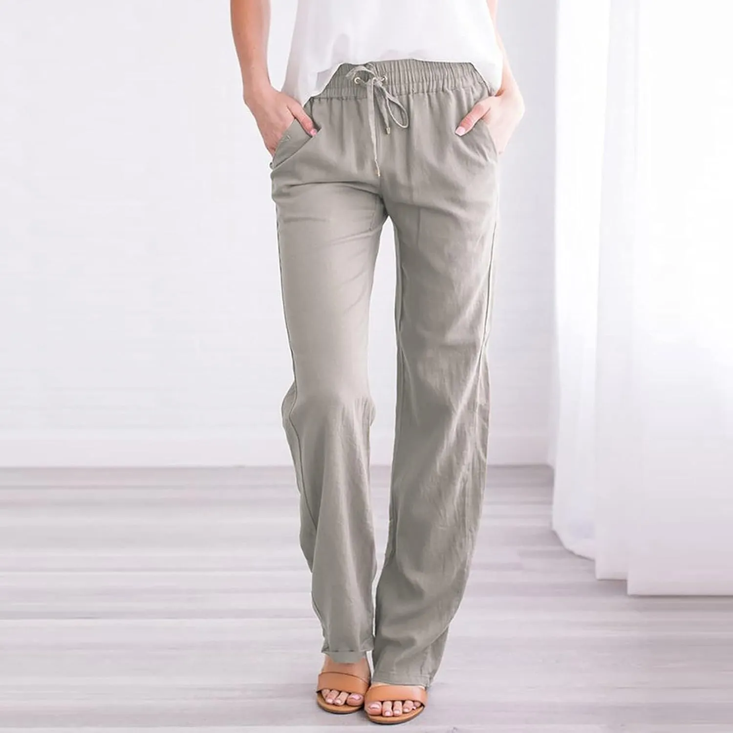 DASAYO Womens Summer Cotton Linen Lounge Pants Elastic Waist Trendy Casual Trousers Solid Color Drawstring Loose Long Pants