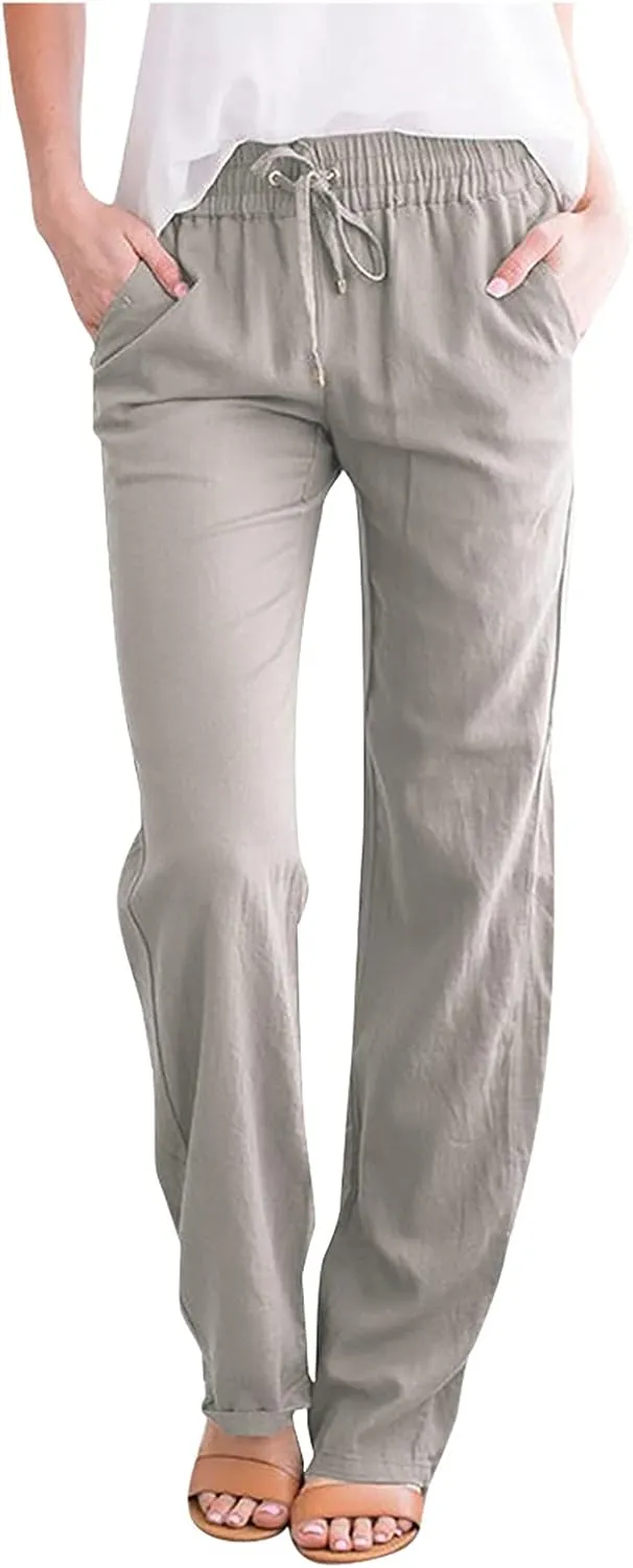 DASAYO Womens Summer Cotton Linen Lounge Pants Elastic Waist Trendy Casual Trousers Solid Color Drawstring Loose Long Pants