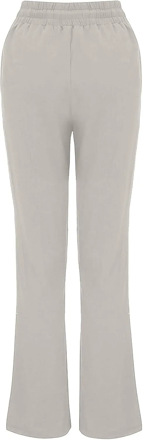 DASAYO Womens Summer Cotton Linen Lounge Pants Elastic Waist Trendy Casual Trousers Solid Color Drawstring Loose Long Pants