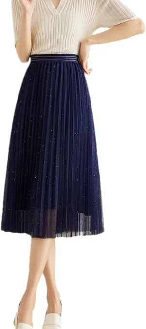 DBFBDTU Gauze Pleated A-Line Skirts for Women Spring Elastic High Waist Swing Midi Skirt