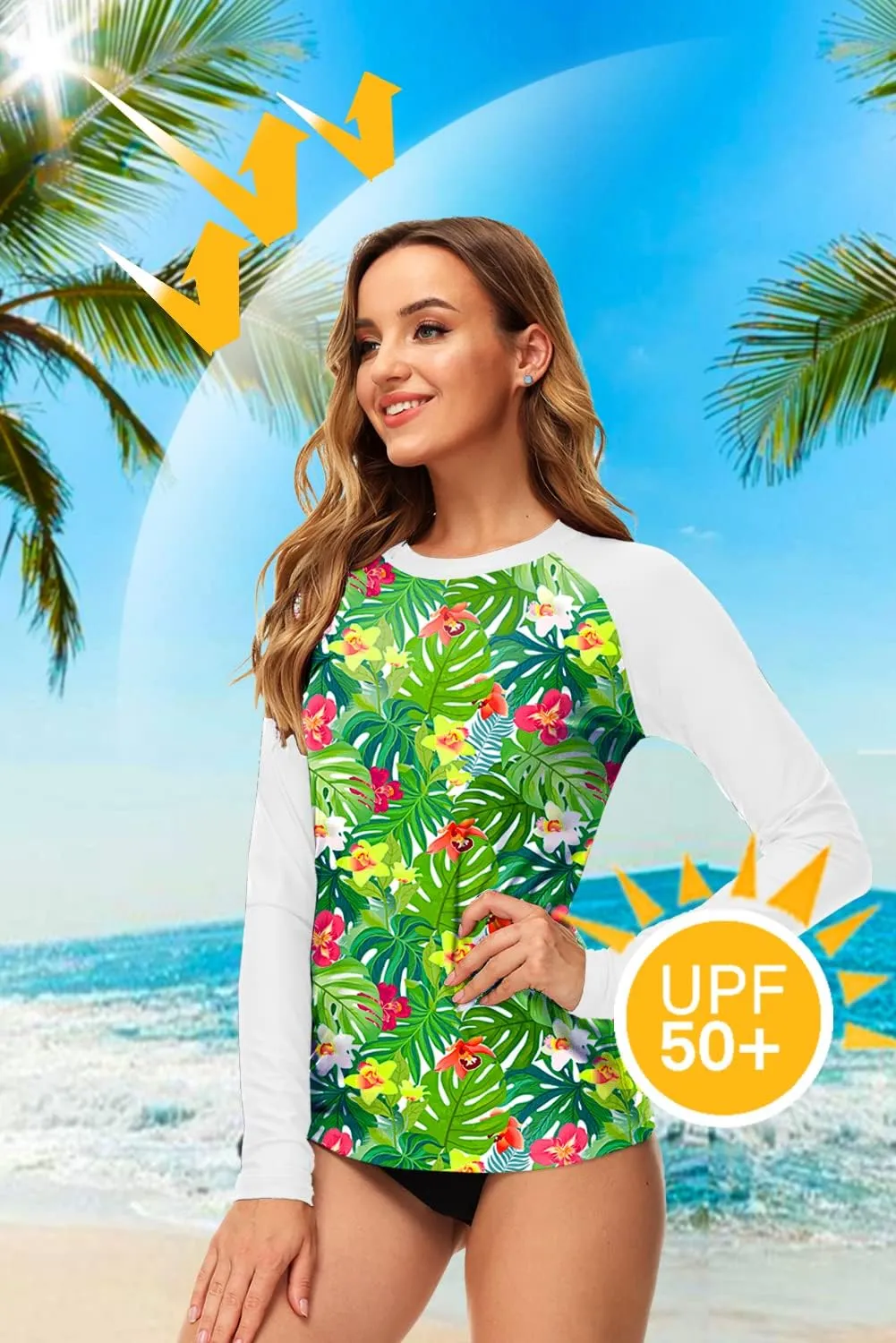 Deerose Women UPF 50  Rash Guard Printed Swim Shirts Surf Swimwear Top
