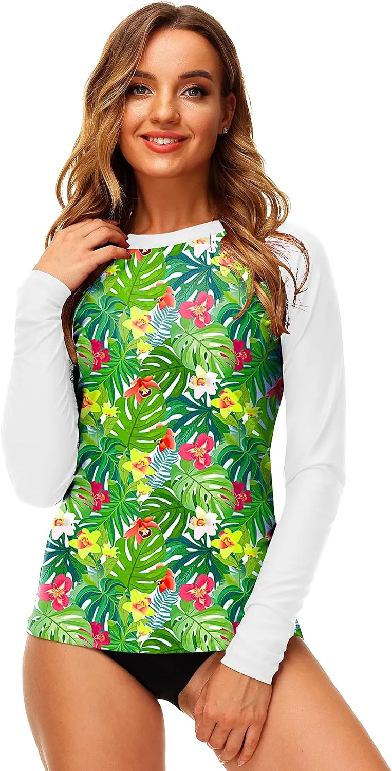 Deerose Women UPF 50  Rash Guard Printed Swim Shirts Surf Swimwear Top