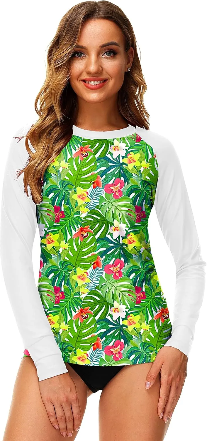 Deerose Women UPF 50  Rash Guard Printed Swim Shirts Surf Swimwear Top