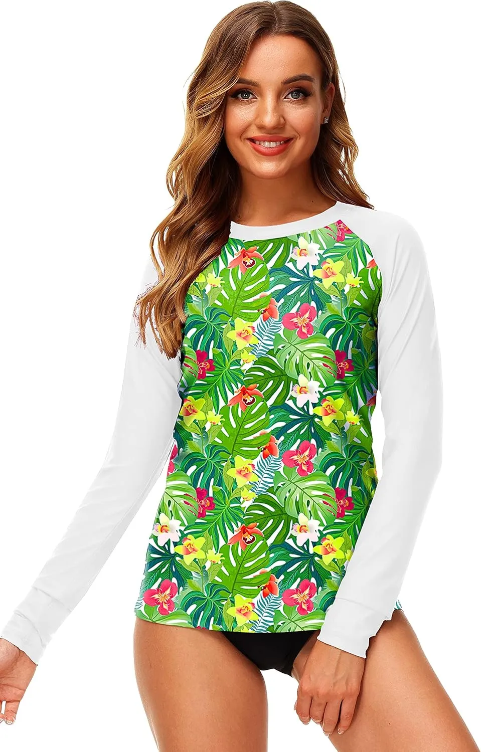 Deerose Women UPF 50  Rash Guard Printed Swim Shirts Surf Swimwear Top