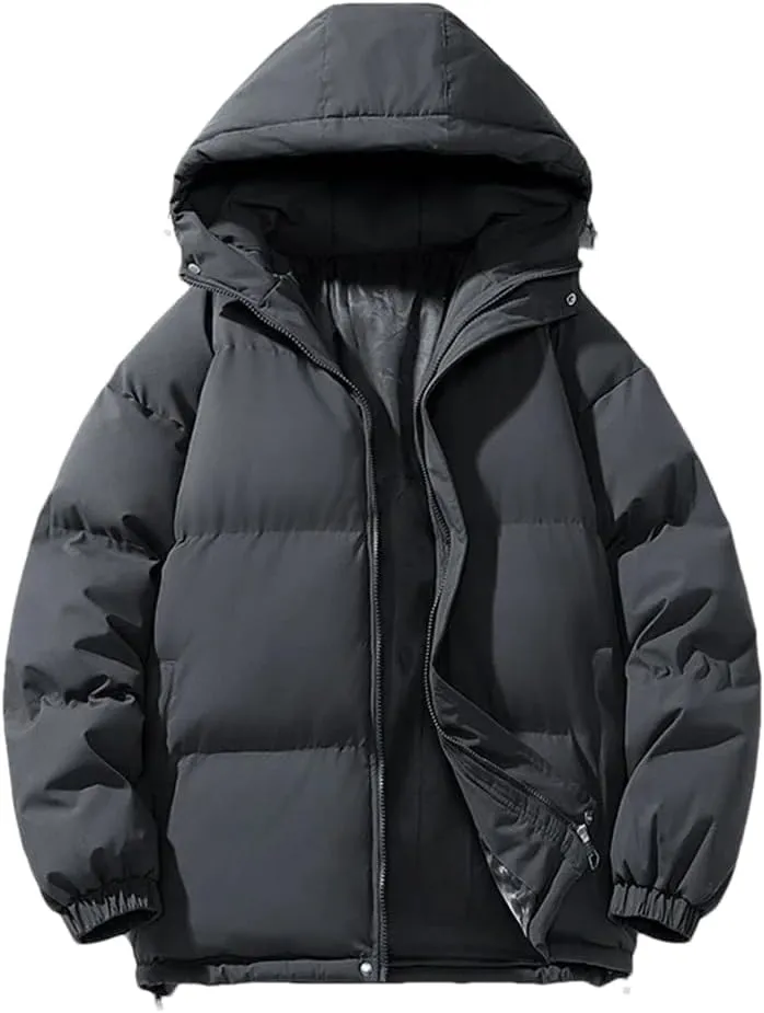 Disimlarl Men Cotton-Padded Coats Outdoor Puffer Jackets Solid Color Hooded Coat Casual Thick Warm Coat