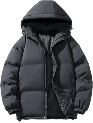 Disimlarl Men Cotton-Padded Coats Outdoor Puffer Jackets Solid Color Hooded Coat Casual Thick Warm Coat