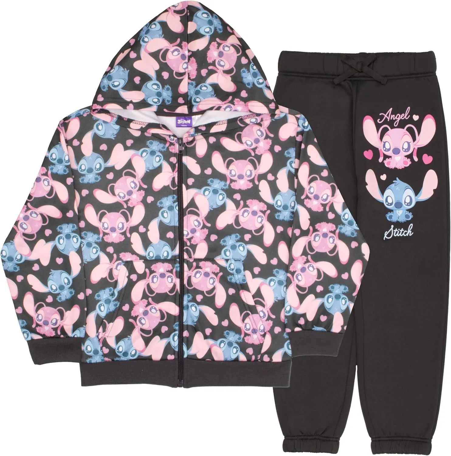 Disney Lilo & Stitch Girl's 2-Piece Fleece Set - Stitch Hooded Sweatshirt and Joggers Bundle for Kids