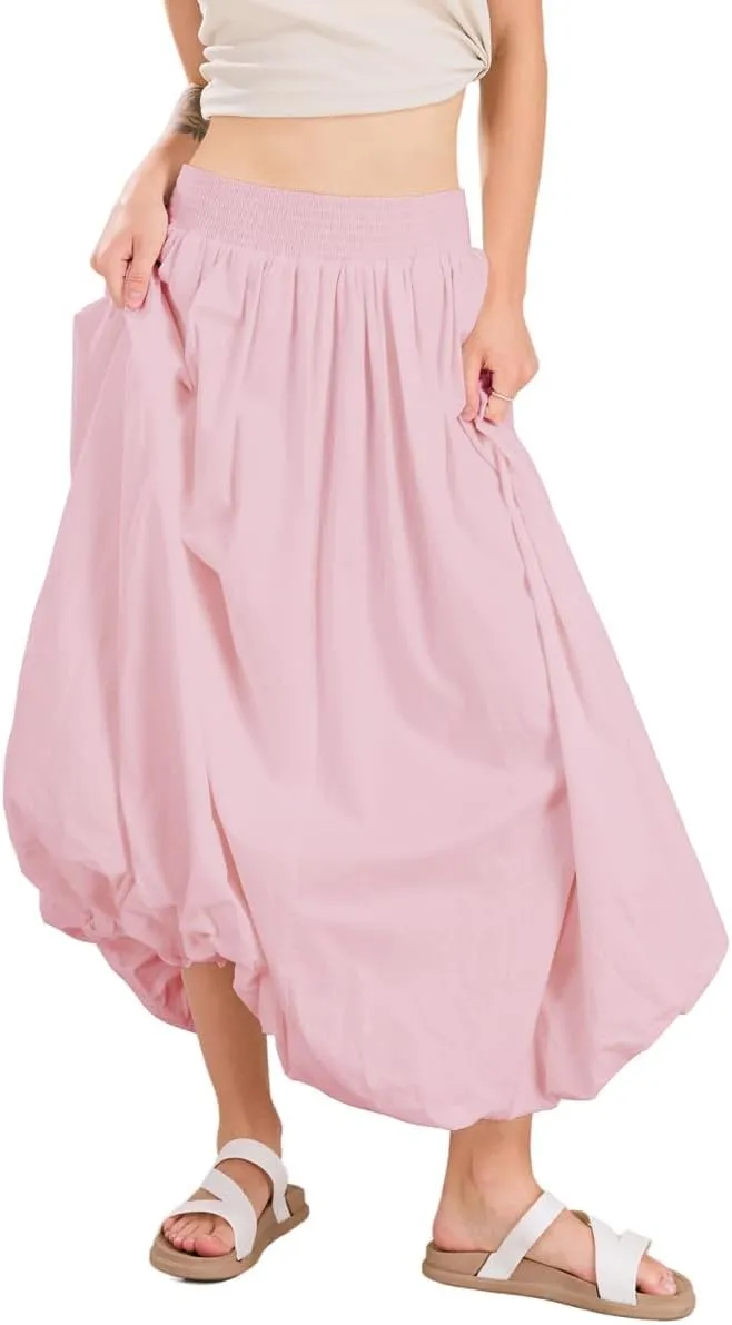 ebossy Women's Smocked High Waist Pleated Solid Color A-Line Flowy Bud Lantern Long Skirt