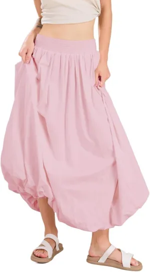 ebossy Women's Smocked High Waist Pleated Solid Color A-Line Flowy Bud Lantern Long Skirt