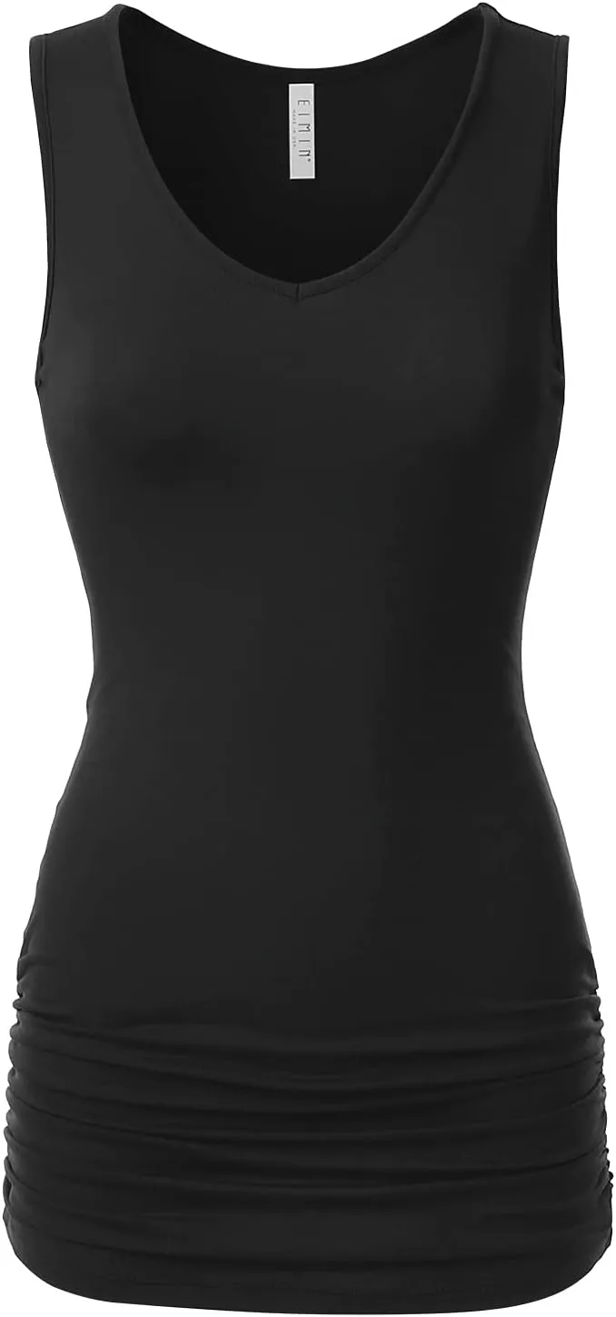 EIMIN Women's V-Neck Cami Sleeveless Stretch Comfy Shirring Tank Top (S-3XL)